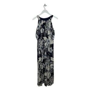 SIGNATURE BY ROBBIE BEE Floral Navy Ivory Pullover Dress Petite Size L NWT